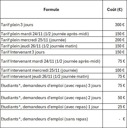 tableau des tarifs